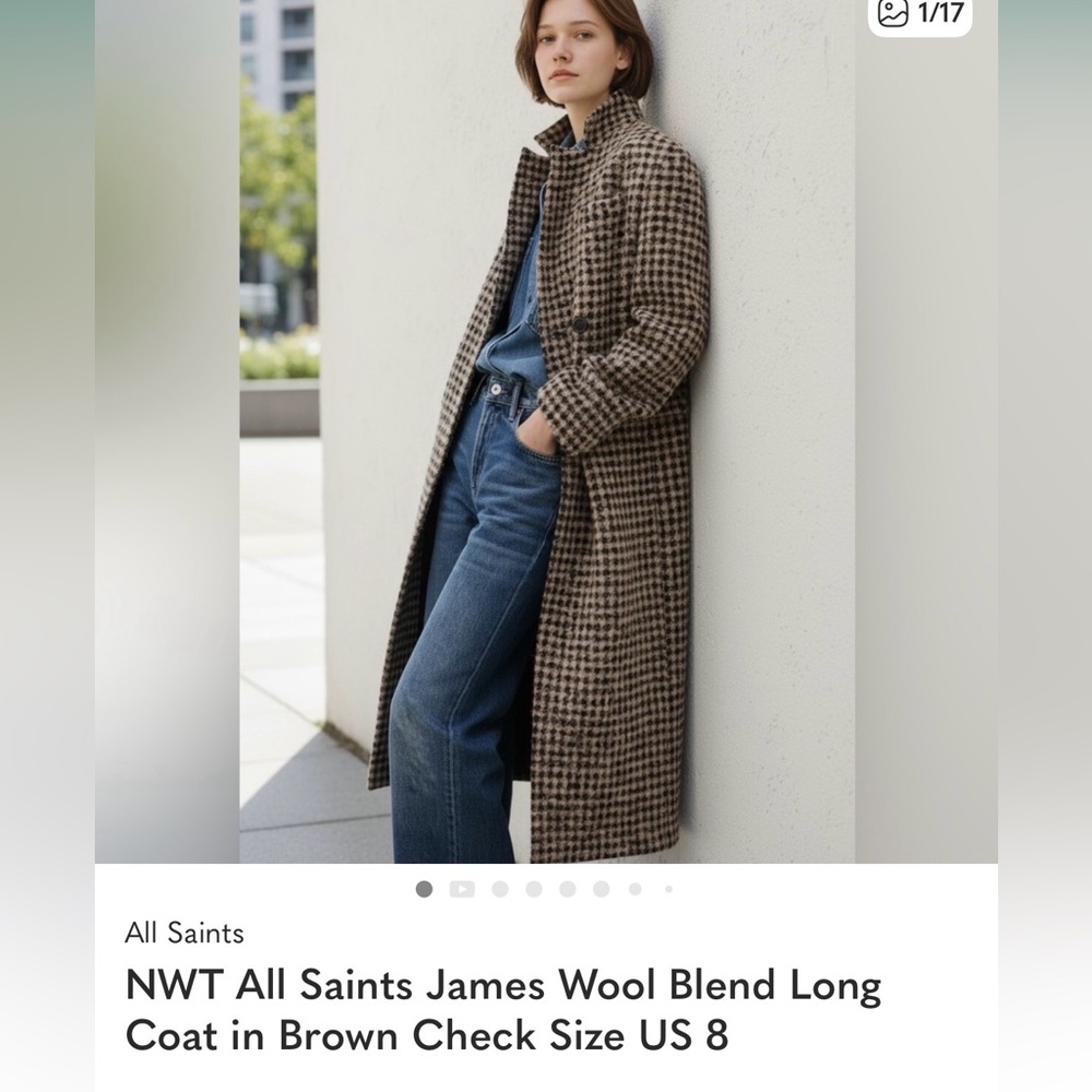 All Saints Houndstooth Long Wool-Blend Trench Coat in Brown